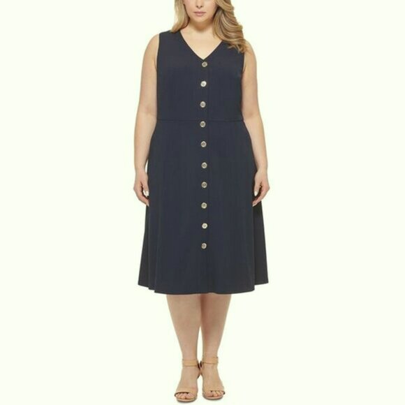Tommy Hilfiger Plus V-Neck Mid Calf Midi Dress - Picture 1 of 11